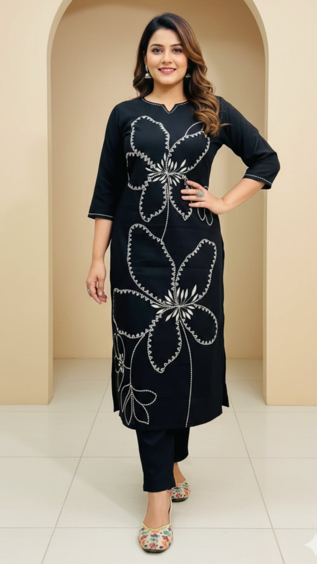 Green and Black Heavy Embroidery Cord Set | Women Floral Embroidered Thread Work Kurta with Palazzos