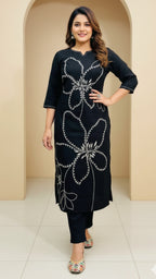 Green and Black Heavy Embroidery Cord Set | Women Floral Embroidered Thread Work Kurta with Palazzos