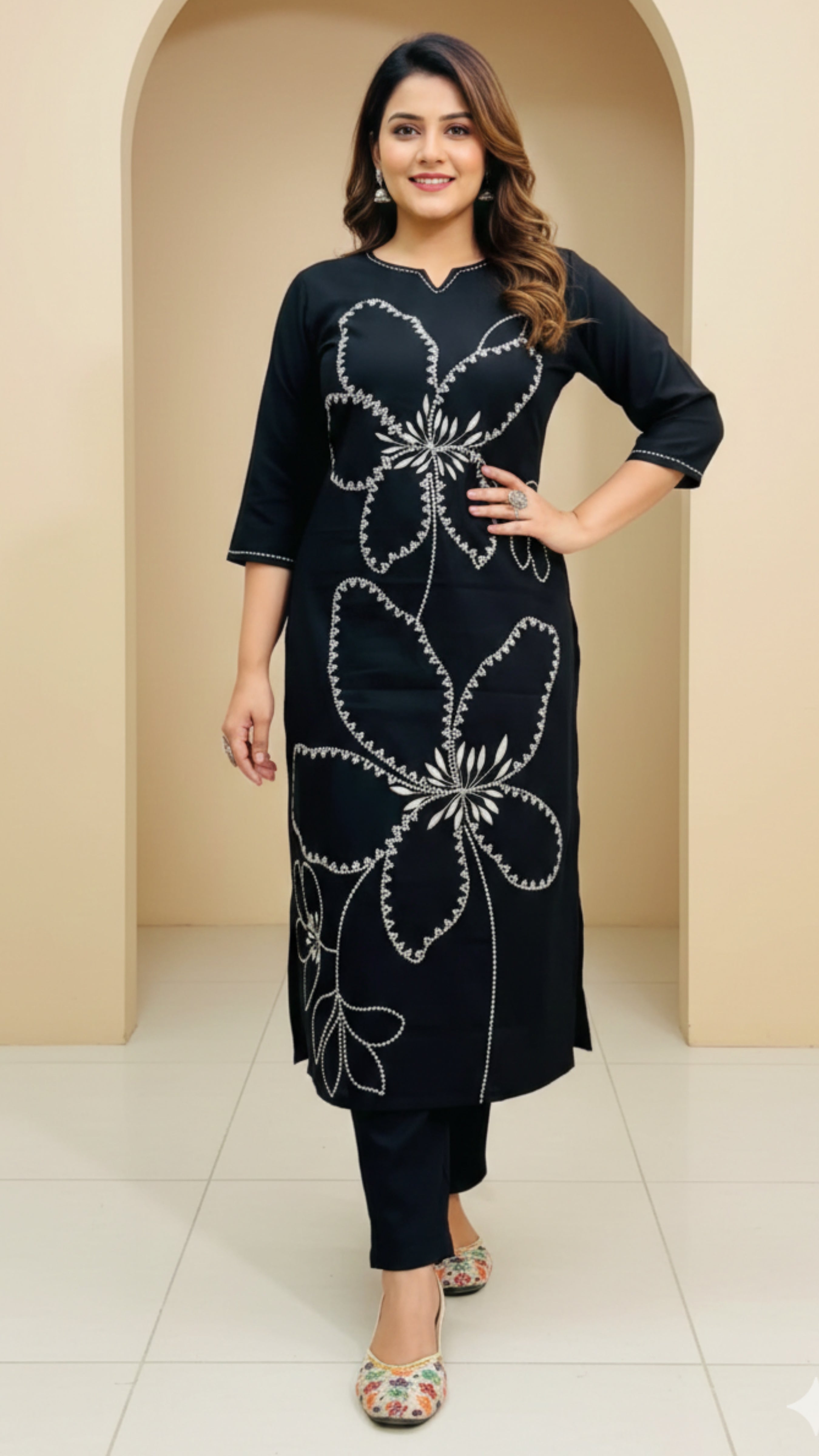 Green and Black Heavy Embroidery Cord Set | Women Floral Embroidered Thread Work Kurta with Palazzos
