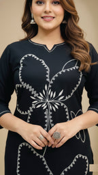Green and Black Heavy Embroidery Cord Set | Women Floral Embroidered Thread Work Kurta with Palazzos