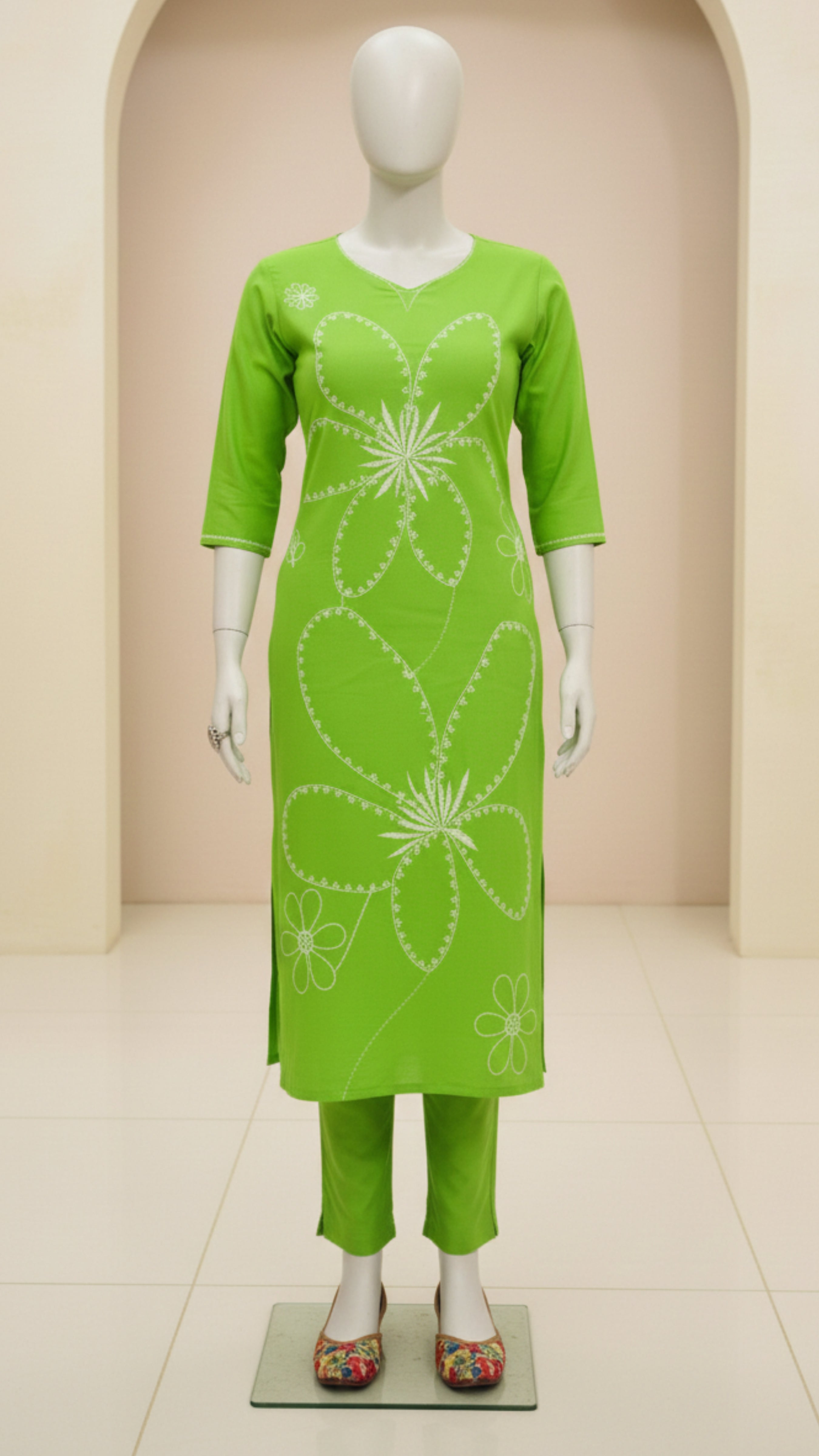 Green and Black Heavy Embroidery Cord Set | Women Floral Embroidered Thread Work Kurta with Palazzos