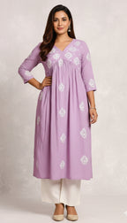 Lavender Embroidered Cotton A-Line Kurta I Trending Kurti Design 2026