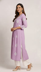 Lavender Embroidered Cotton A-Line Kurta I Trending Kurti Design 2026