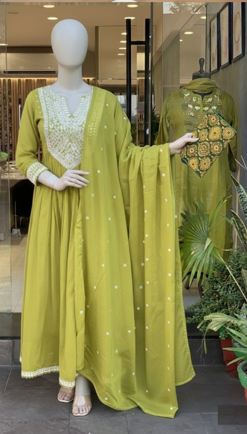 Green Embroidered Anarkali Salwar Suit Set | Beautiful 3-piece set with elegant sequence mirror work
