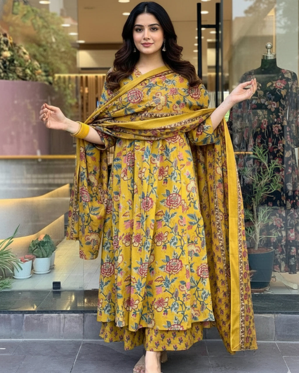 Designer Floral Print Kurta, Palazzo, and Dupatta Set | 3 Pcs. Set