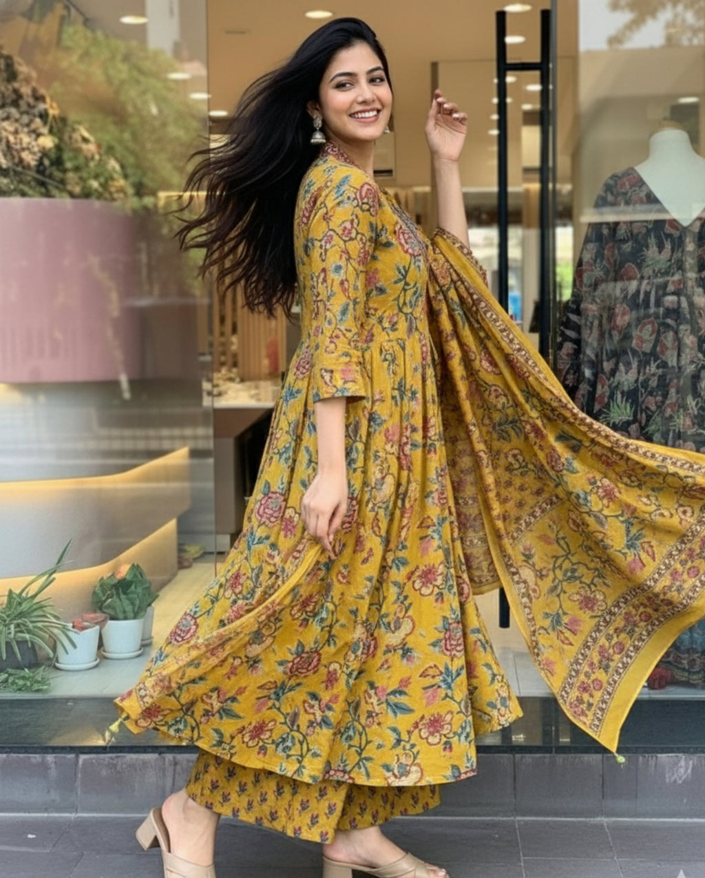Designer Floral Print Kurta, Palazzo, and Dupatta Set | 3 Pcs. Set