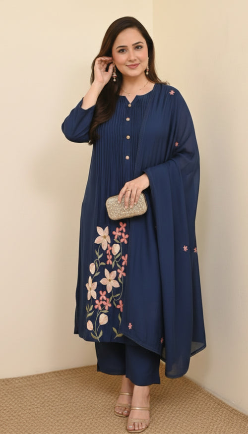 Pure Cotton Embroidered Suit Set | A-Line Kurta with matching pants