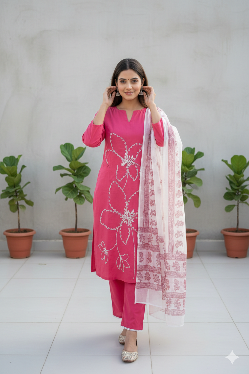 Hand-Embroidered Cotton Set with Sheer Dupatta I Modern Twist with Trending Design I Womens Kurti Set