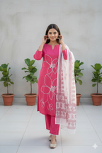Hand-Embroidered Cotton Set with Sheer Dupatta I Modern Twist with Trending Design I Womens Kurti Set