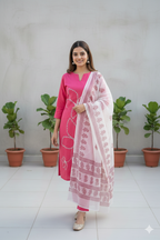 Hand-Embroidered Cotton Set with Sheer Dupatta I Modern Twist with Trending Design I Womens Kurti Set