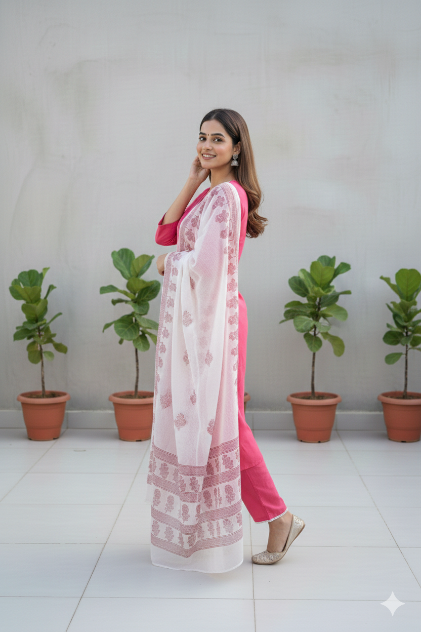 Hand-Embroidered Cotton Set with Sheer Dupatta I Modern Twist with Trending Design I Womens Kurti Set