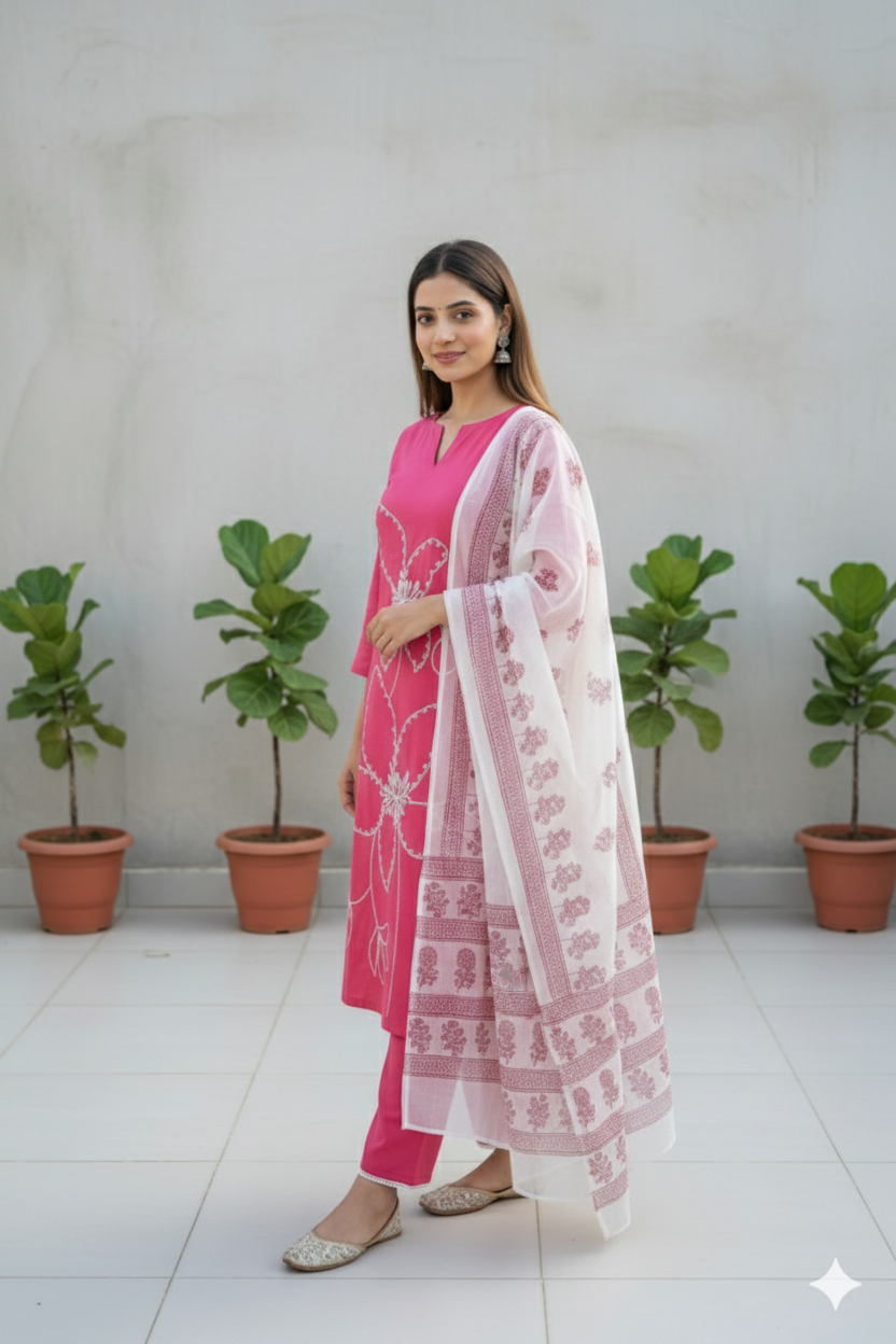 Hand-Embroidered Cotton Set with Sheer Dupatta I Modern Twist with Trending Design I Womens Kurti Set