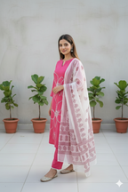 Hand-Embroidered Cotton Set with Sheer Dupatta I Modern Twist with Trending Design I Womens Kurti Set