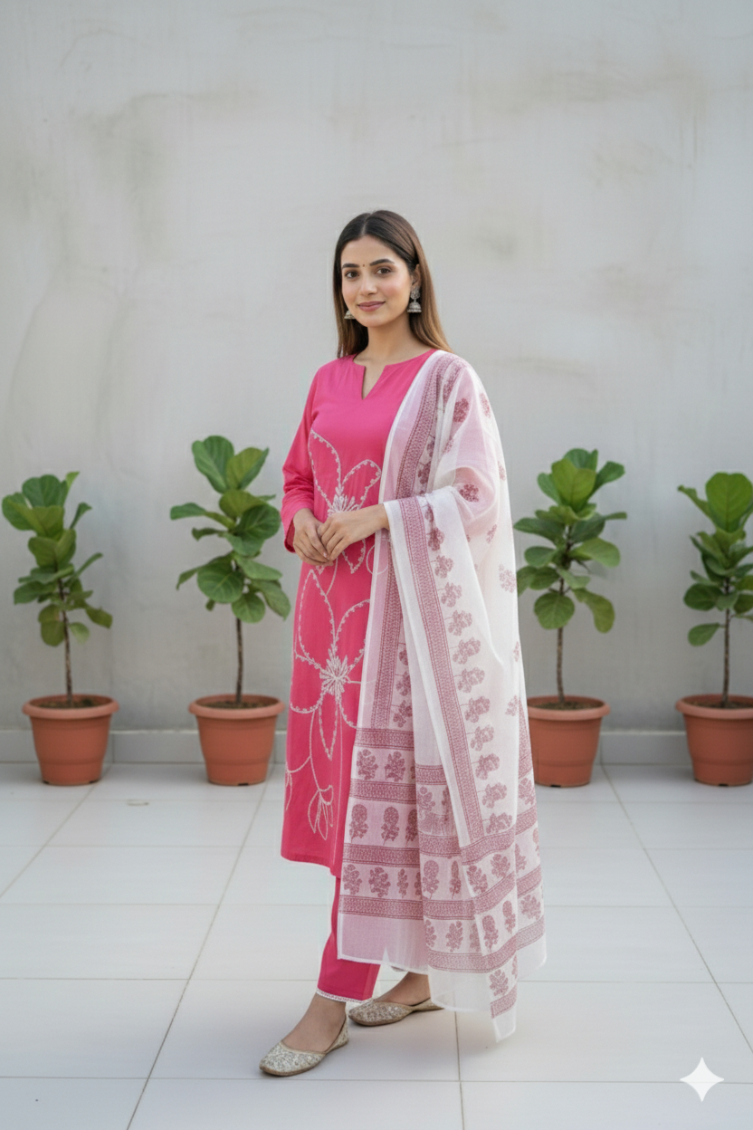 Hand-Embroidered Cotton Set with Sheer Dupatta I Modern Twist with Trending Design I Womens Kurti Set