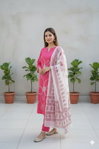 Hand-Embroidered Cotton Set with Sheer Dupatta I Modern Twist with Trending Design I Womens Kurti Set