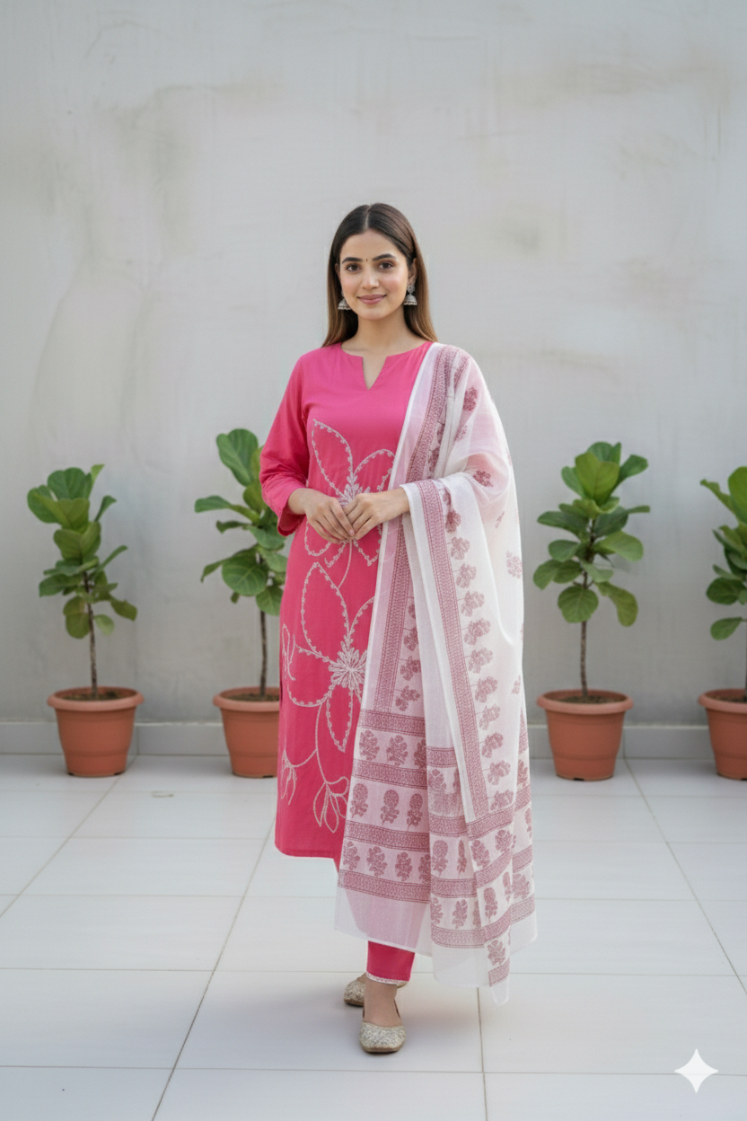Hand-Embroidered Cotton Set with Sheer Dupatta I Modern Twist with Trending Design I Womens Kurti Set