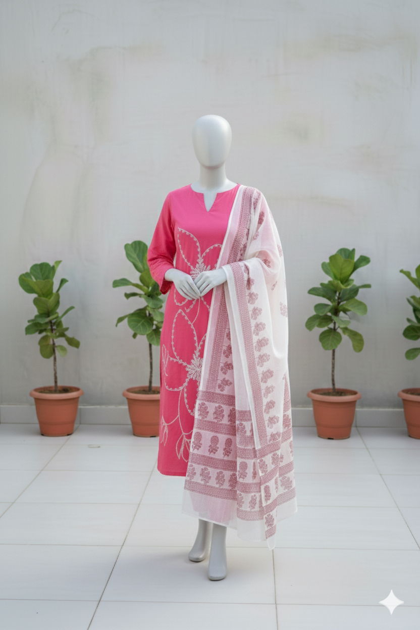 Hand-Embroidered Cotton Set with Sheer Dupatta I Modern Twist with Trending Design I Womens Kurti Set