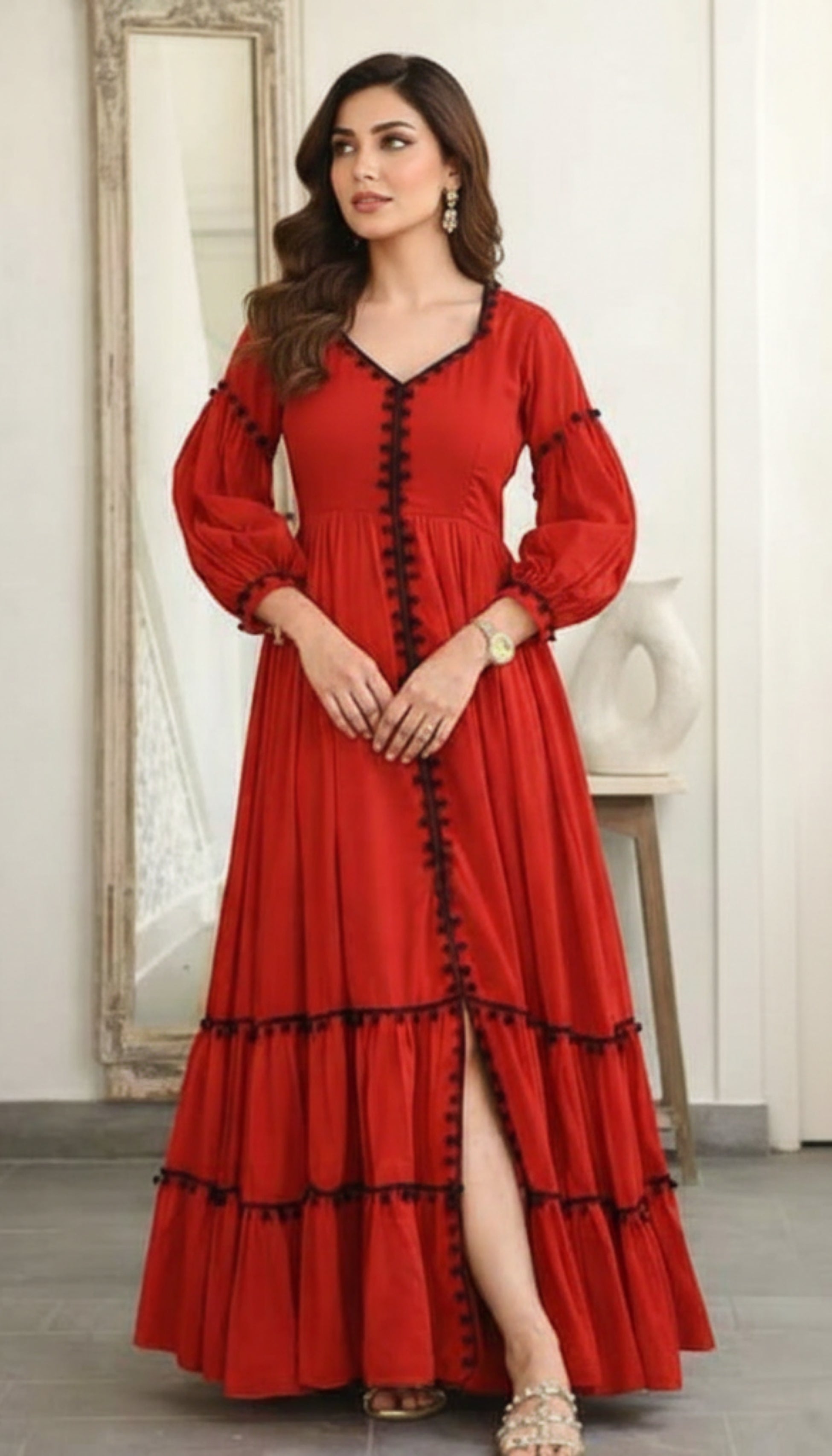 Reg and beige Women's Casual Midi Maxi Long Western Dress