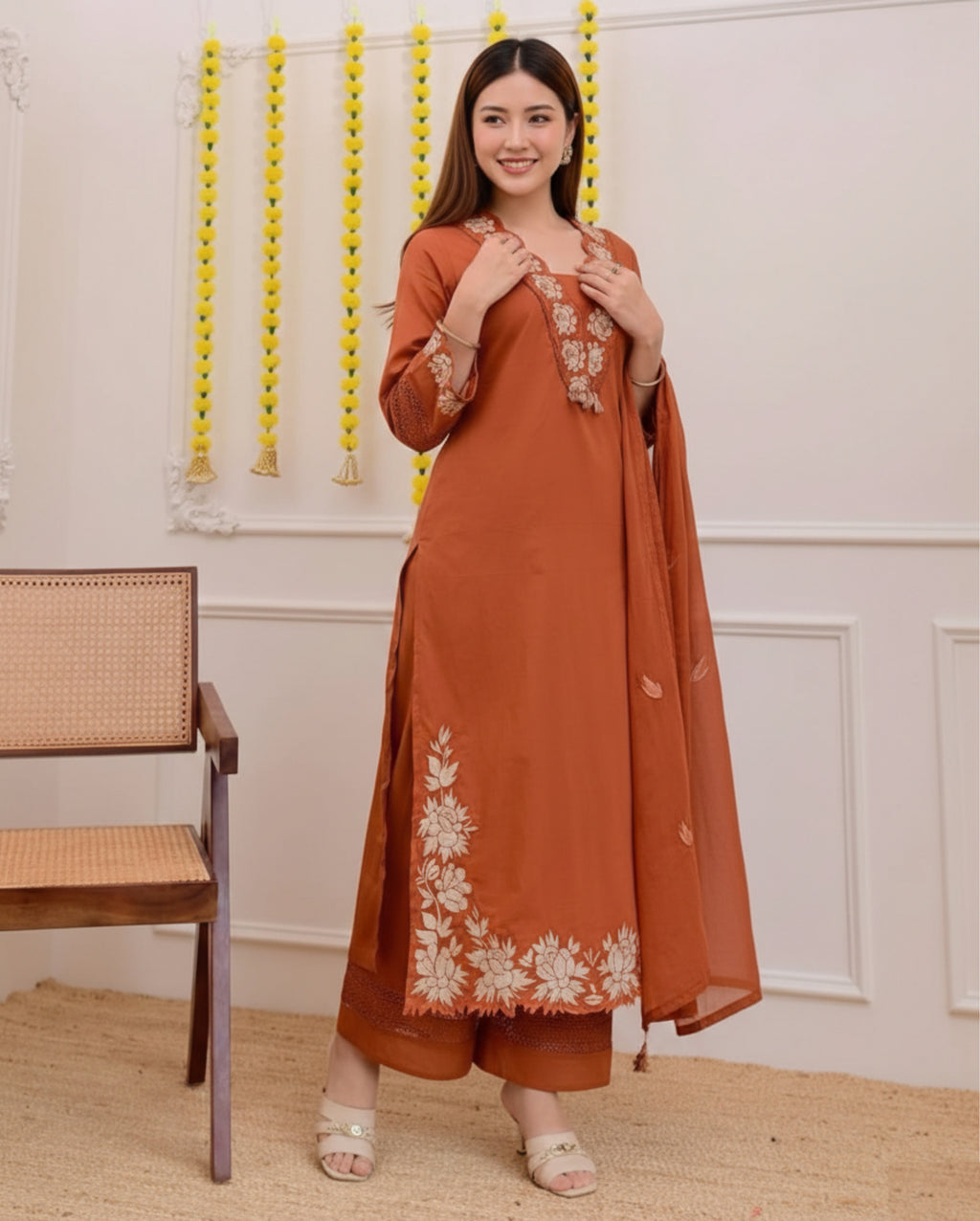 Designer Rust Orange Palazzo Suit with Floral Embroidery | Elegant Three-Piece Suit Set