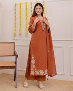 Designer Rust Orange Palazzo Suit with Floral Embroidery | Elegant Three-Piece Suit Set