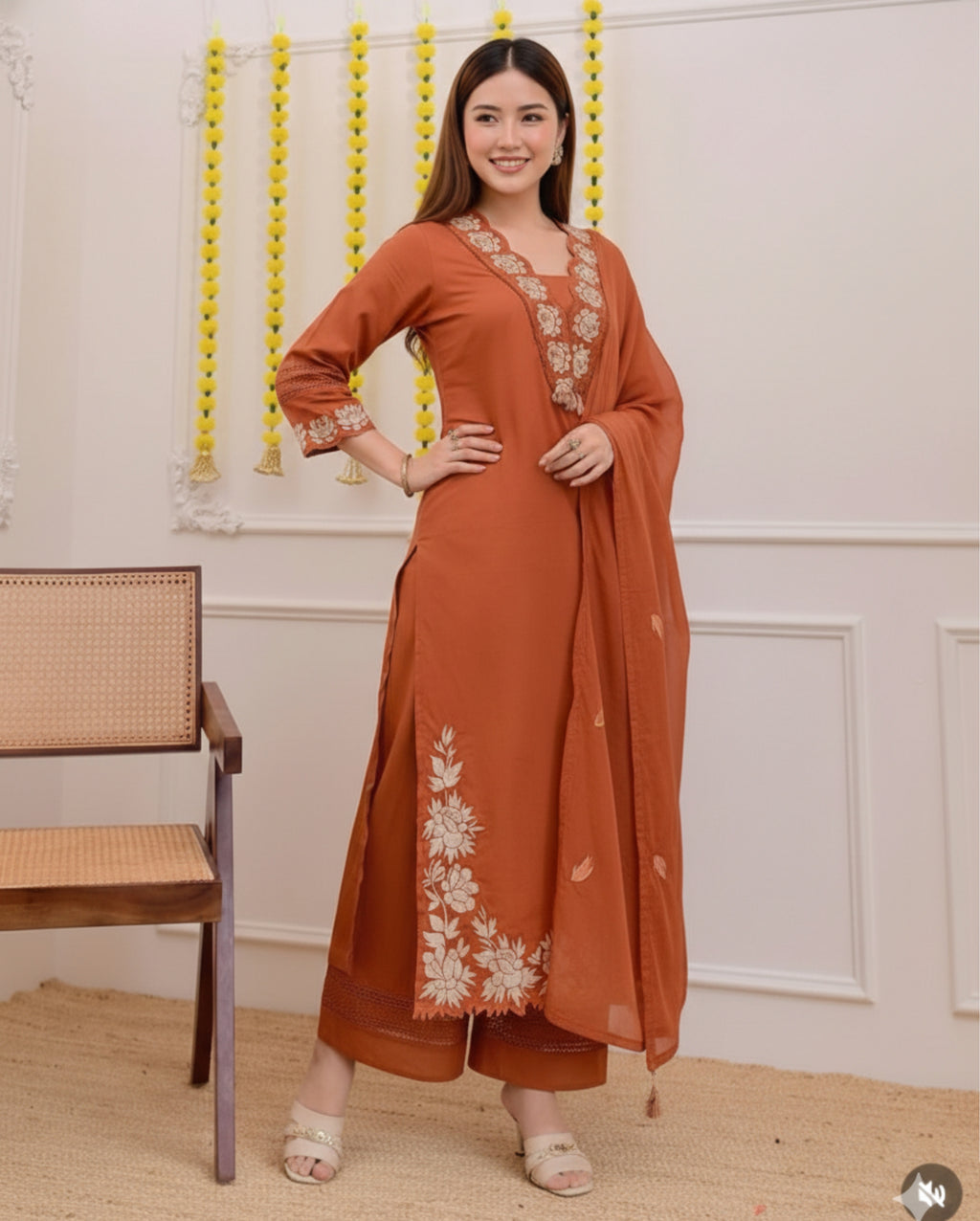 Designer Rust Orange Palazzo Suit with Floral Embroidery | Elegant Three-Piece Suit Set