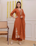 Designer Rust Orange Palazzo Suit with Floral Embroidery | Elegant Three-Piece Suit Set