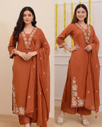 Designer Rust Orange Palazzo Suit with Floral Embroidery | Elegant Three-Piece Suit Set