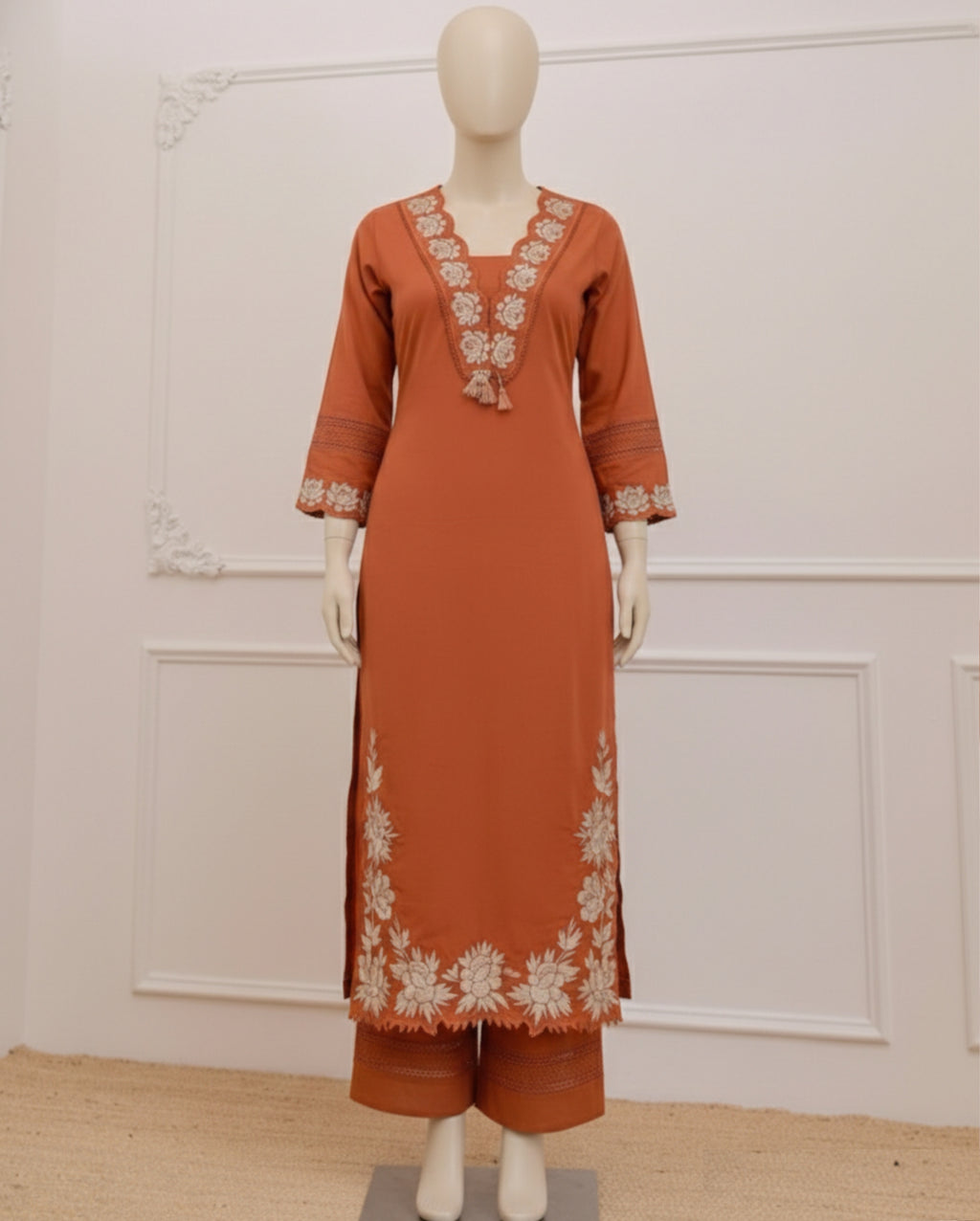Designer Rust Orange Palazzo Suit with Floral Embroidery | Elegant Three-Piece Suit Set