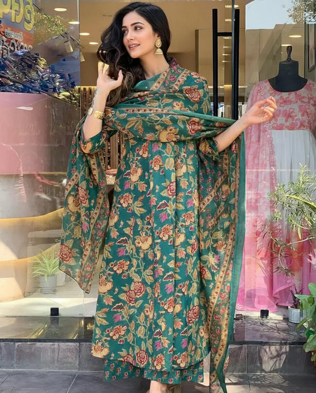 Designer Floral Print Kurta, Palazzo, and Dupatta Set | 3 Pcs. Set